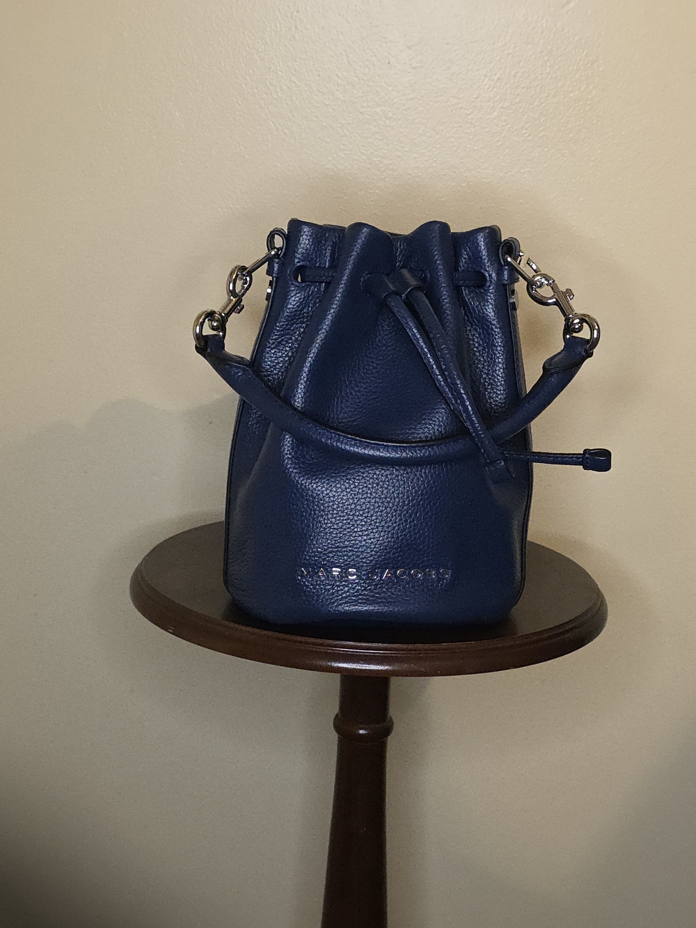 Marc Jacobs Navy Pebbled Leather Mini Drawstring Bag with Chain Strap